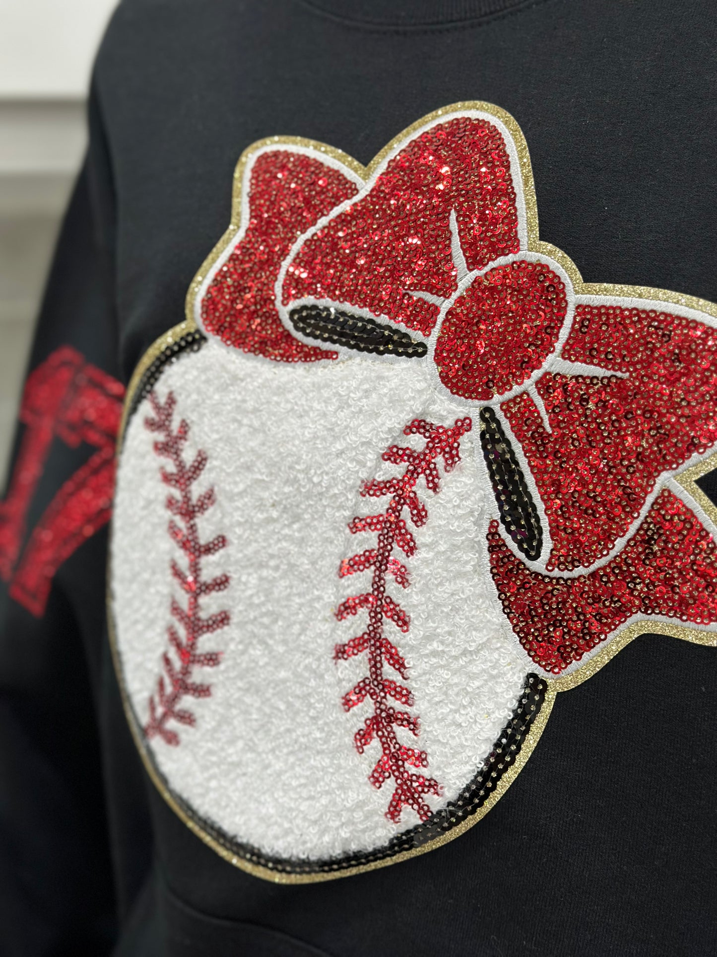Sequin Baseball W/Bow Front Pocket Sweatshirt