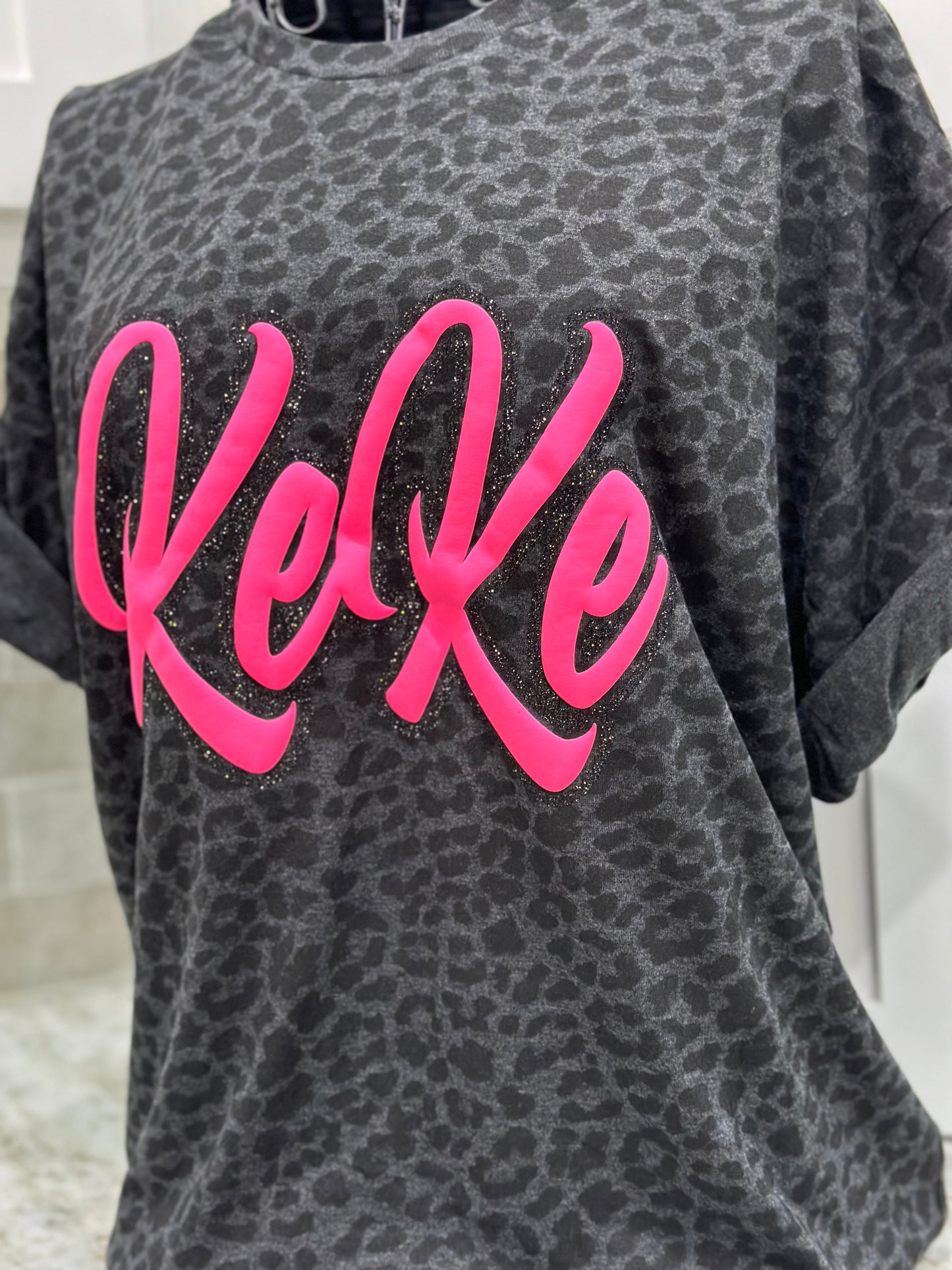 Custom Word Glitter & Puff Leopard Tee