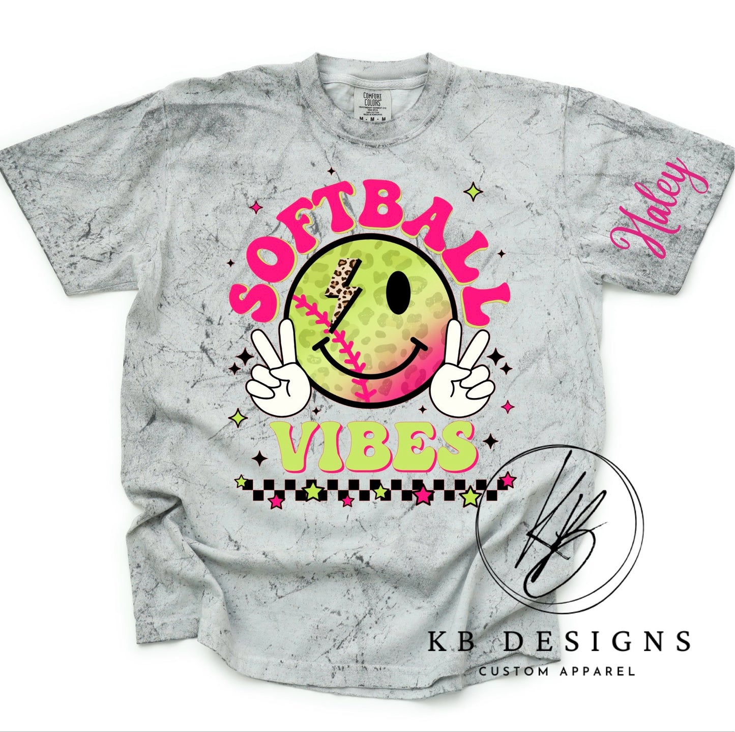 Neon Retro Smiley Softball Vibes Graphic Tee
