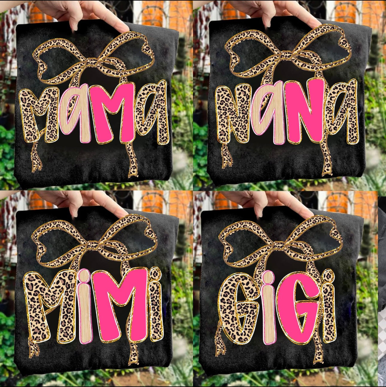 MAMA,GIGI,NANA,MIMI Leopard Pink Shimmer Bow Tee
