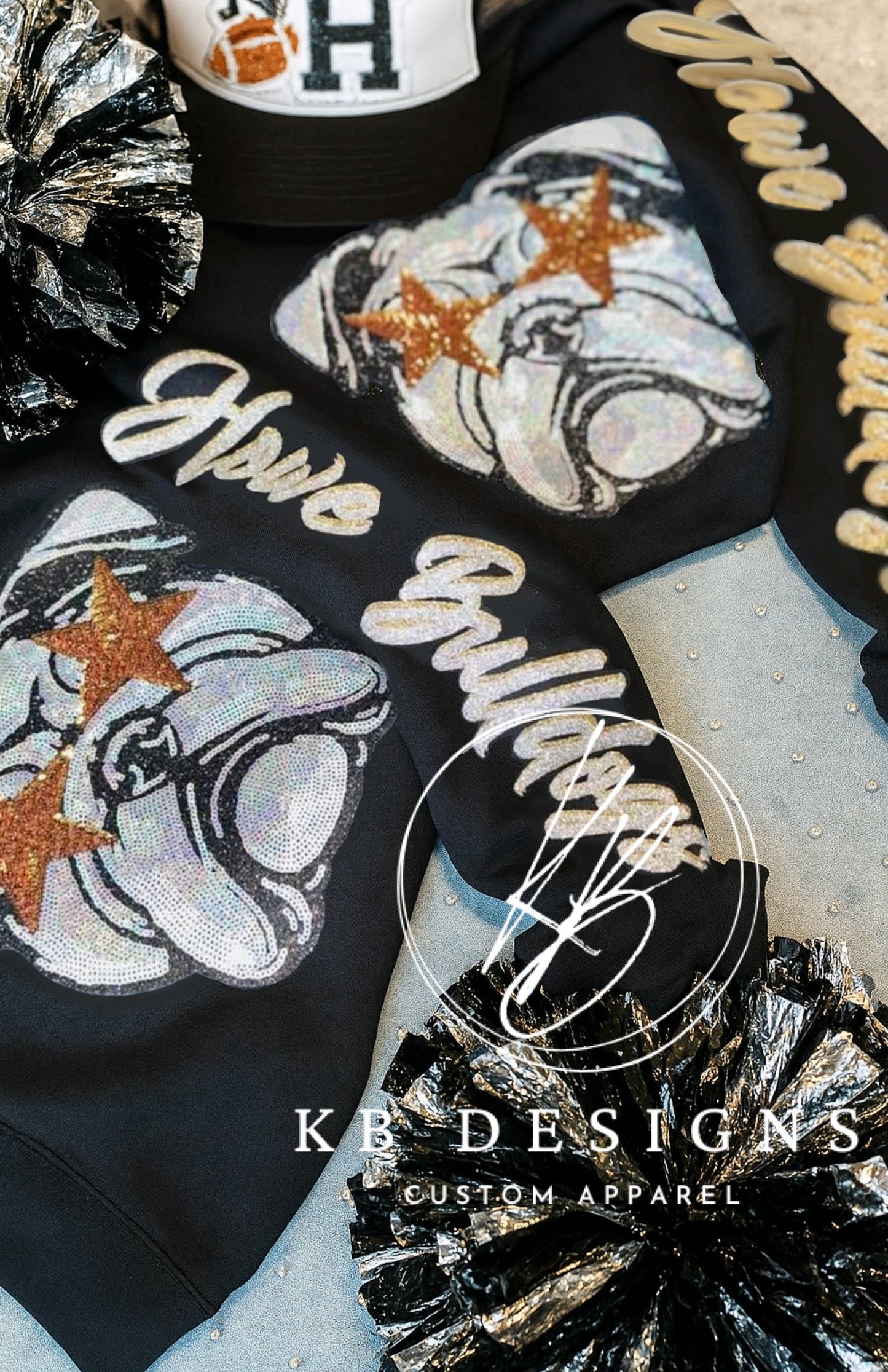 Sequin bulldog face Sweatshirt W/Town Name Down Sleeve