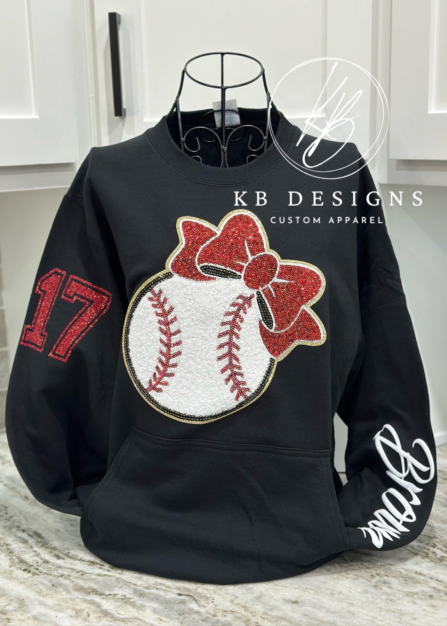 Sequin Softball W/Bow Front Pocket Sweatshirt