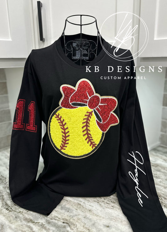 Sequin Softball W/Bow Front Pocket Sweatshirt