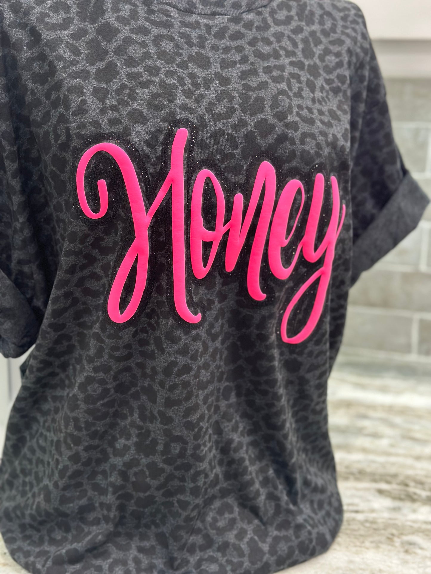 Custom Word Glitter & Puff Leopard Tee