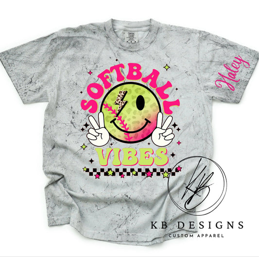 Neon Retro Smiley Softball Vibes Graphic Tee