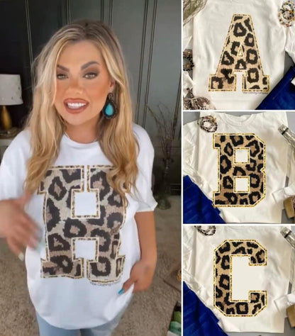 Faux Glitter Leopard Letter Tee