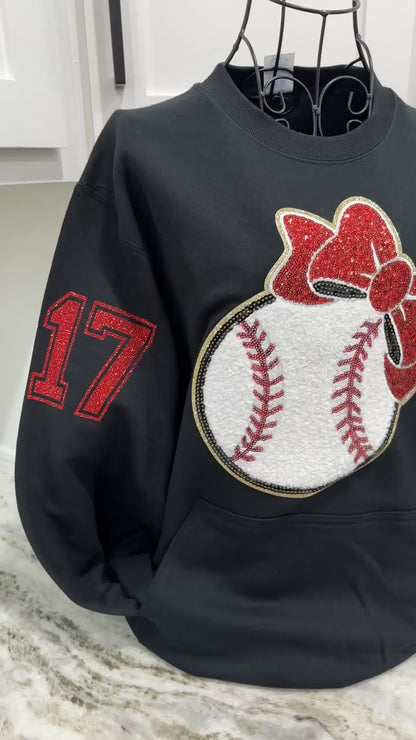Sequin Baseball W/Bow Front Pocket Sweatshirt