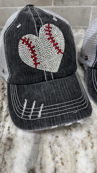 Rhinestone Football Heart Distressed Hat